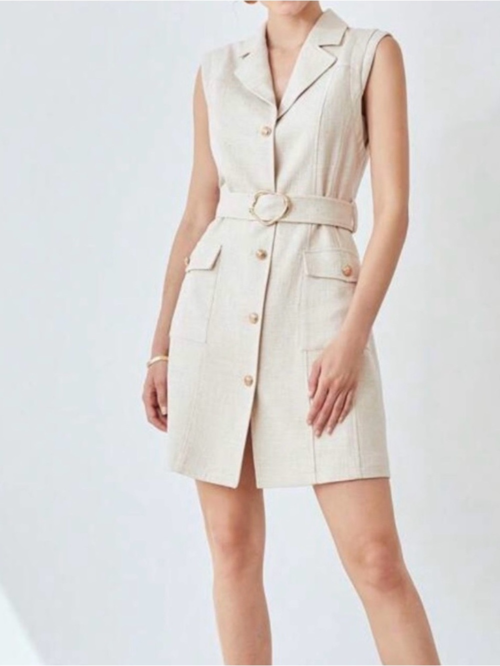 MOTF Cream Sleeveless Belted Button-Front Dress Size SM Linen and Viscose